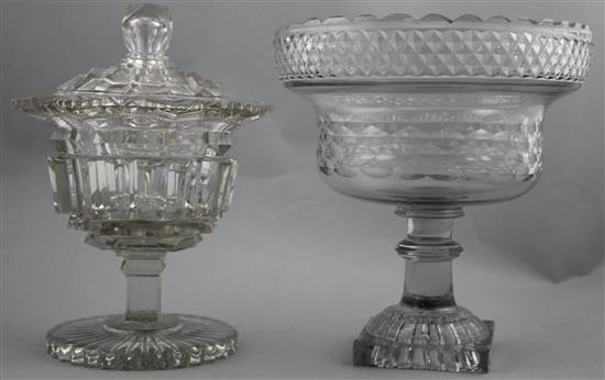 A cut glass pedestal comport & a glass sweetmeat jar and cover, c.1830, 21.5cm. and 23.5cm.